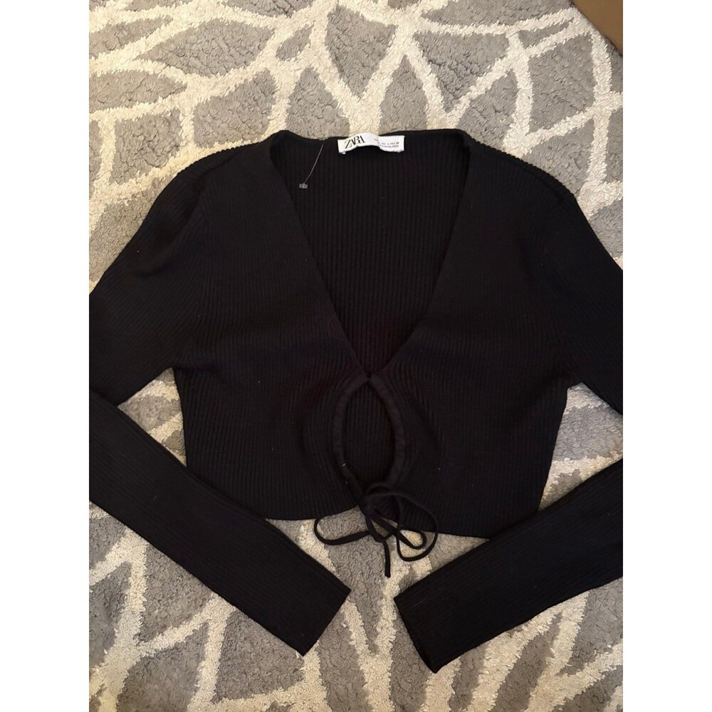 Black Ribbed Long Sleeve Tie Front Zara Top with Cut Out